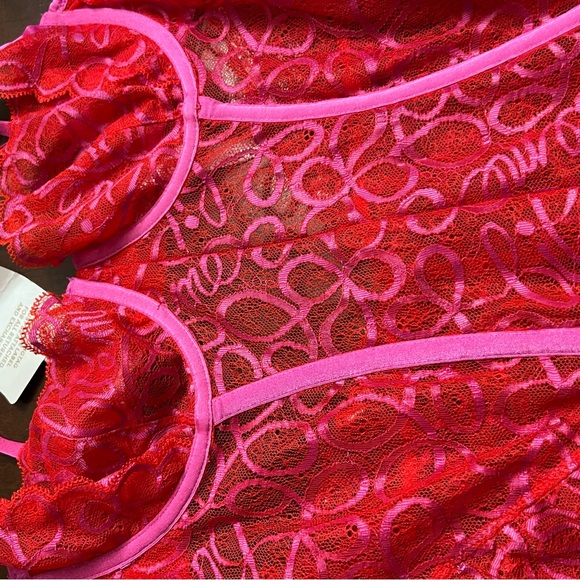 Savage X Fenty Ribbon Writing Lace Teddy Bodysuit Red and Pink Lace - Picture 7 of 13